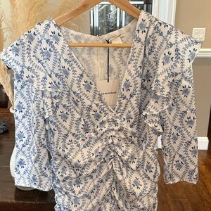 Glamorous White and Blue Ruched long sleeve midi dress